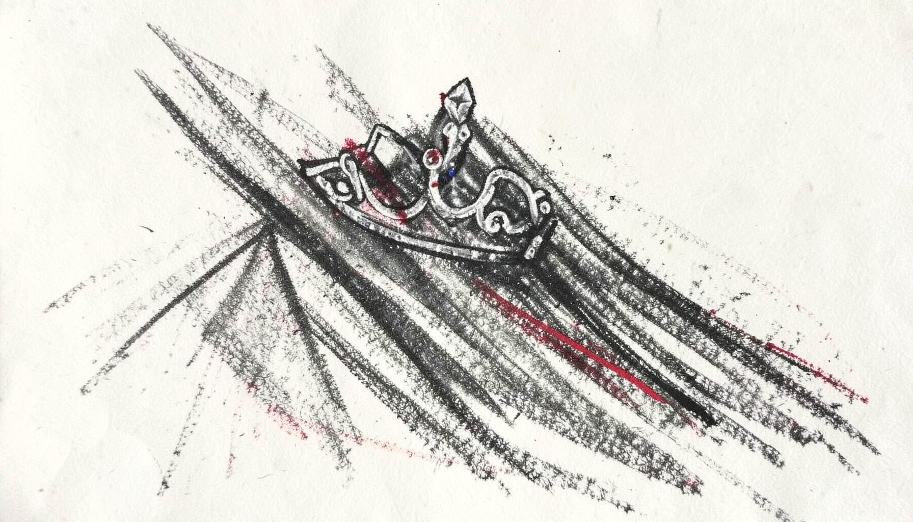 Bold charcoal sketch of a delicate tiara resting on a draped veil, drawn in deep grey tones with soft shadowing on an off-white background